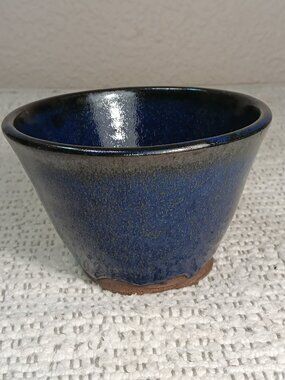 Handmade Artisan dark navy blue drip glaze black edge bowl pot trinket dish